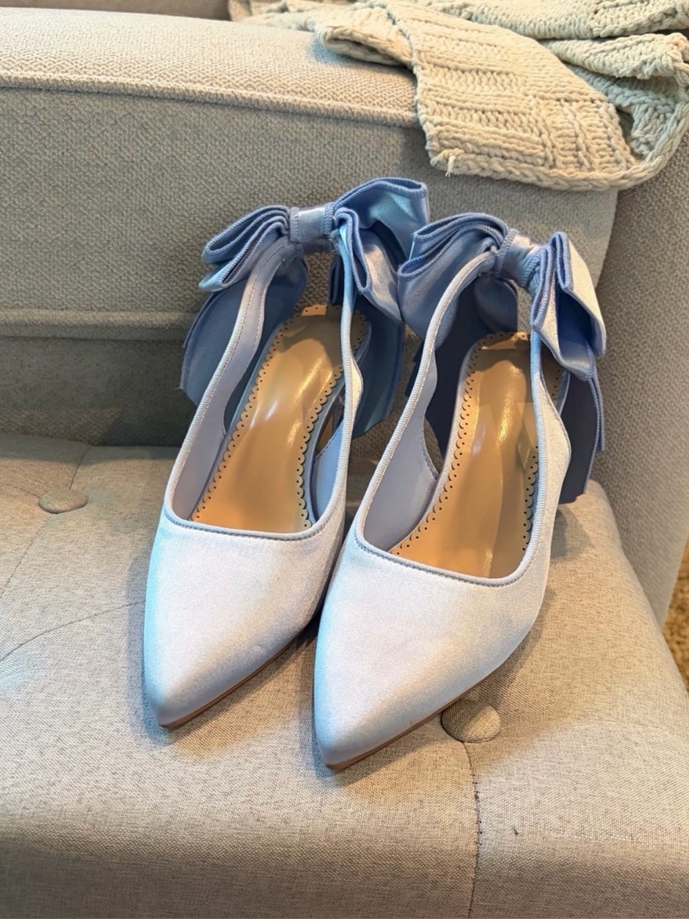 Blue Satin Slingback‎ Heels Bow Stiletto Pumps Wedding Bridal Shoes Size 7 New
